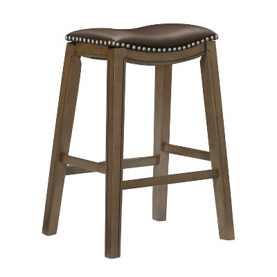 Homelegance 29-Inch Pub Height Wooden Bar Stool with Solid Wood Legs and Faux Leather Saddle Seat Kitchen Barstool Dinning Chair, Brown