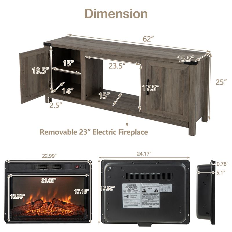 Costway 62'' Fireplace TV Stand Media Console Cabinet W/23'' Electric Fireplace for 70'' TV, 3 of 11