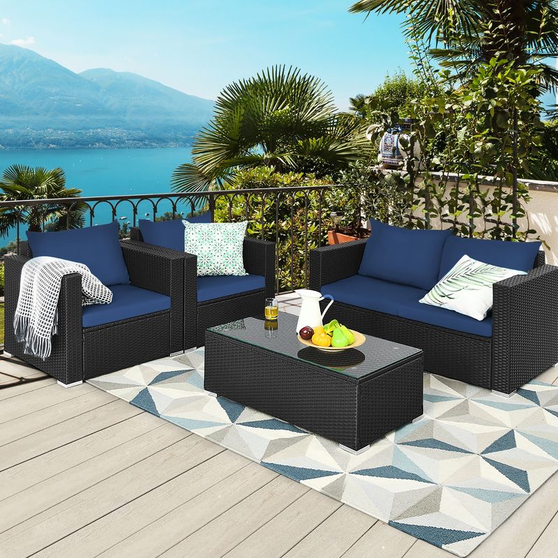 Costway 4PCS Patio Rattan Furniture Set Cushioned Sofa Loveseat with Navy & Turquoise Cover, 1 of 11