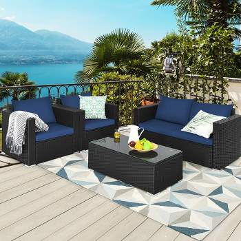 Costway 4PCS Patio Rattan Furniture Set Cushioned Sofa Loveseat with Navy & Turquoise Cover