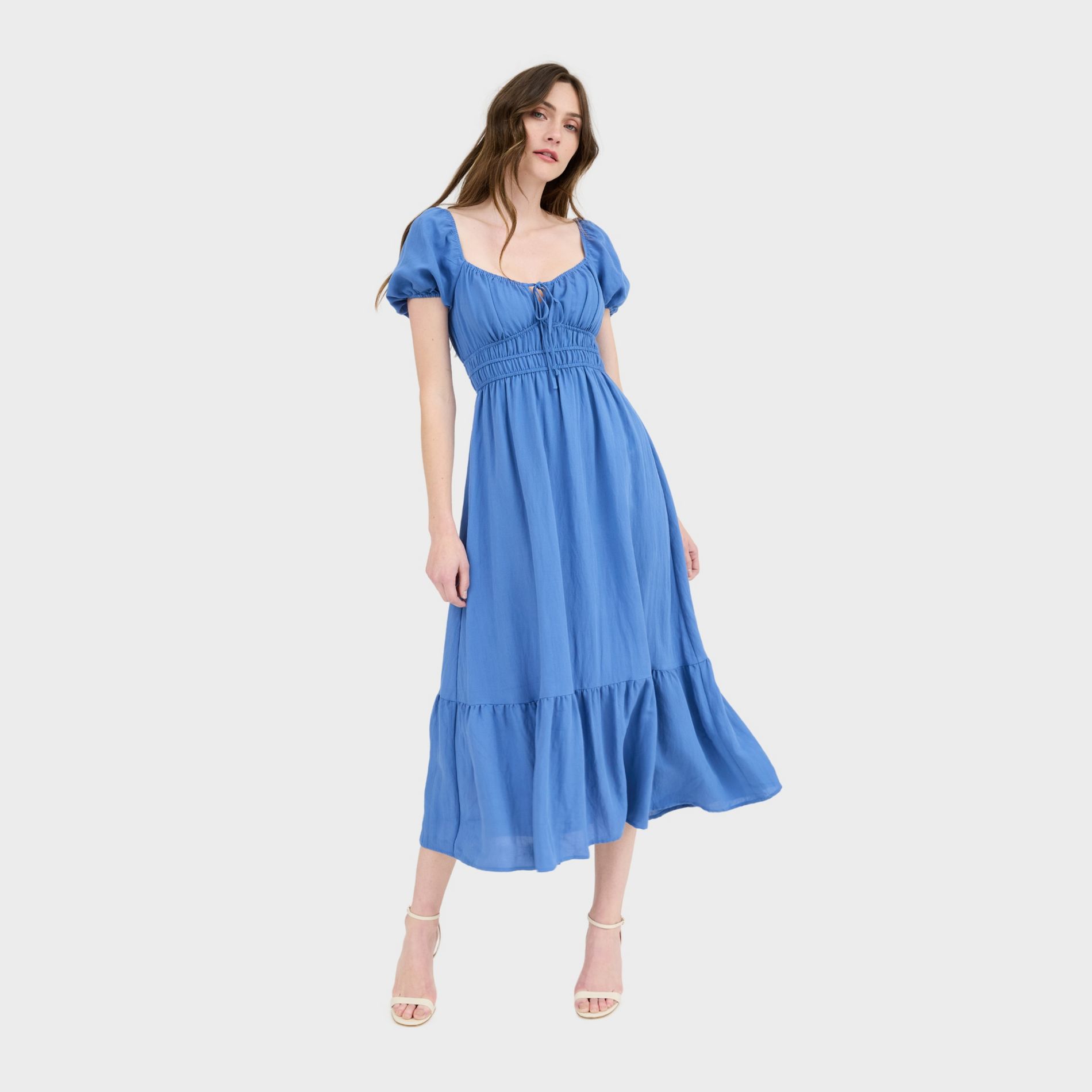 August Sky Women's Solid Front Tie Puff Sleeve Ruffle Hem Midi Dress