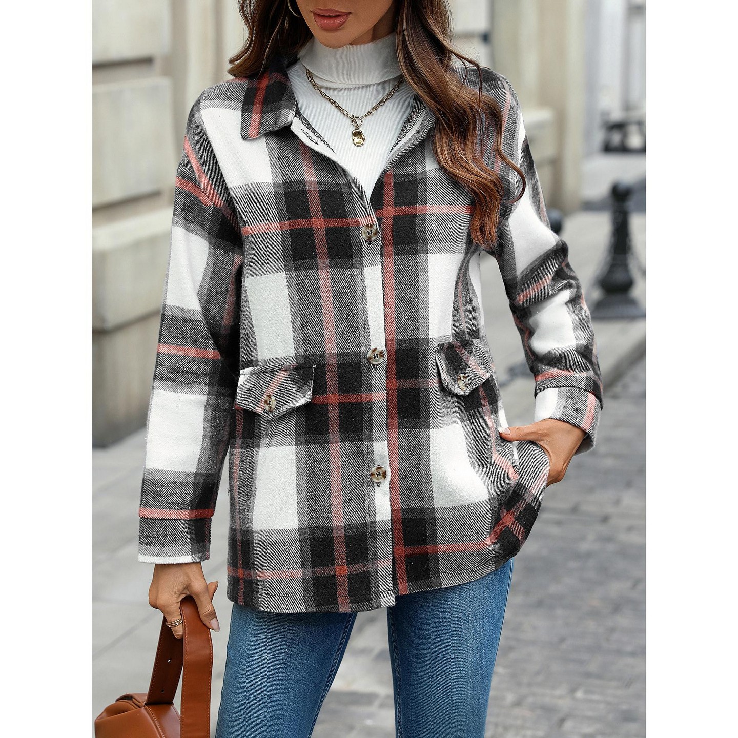 Женские кардиганы YesFashion Plaid Long Sleeve Fall Casual Collared Midi Length Cardigan Coat Button Down Jacket Winter Outerwear Top Shirt Black, цвет: Чёрный — фото 3