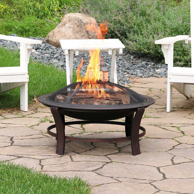 Sunnydaze Outdoor Portable Camping or Backyard Elevated Round Fire Pit Bowl with Stand, Spark Screen, Wood Grate, and Log Poker - 29" - Bronze, 3 of 11