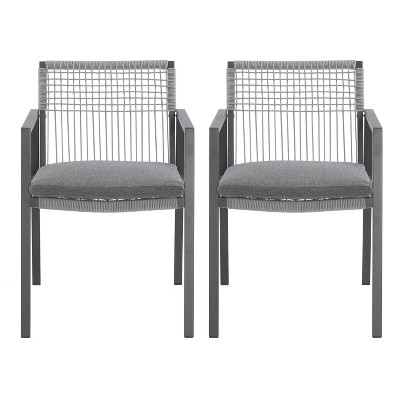 GDFStudio Mikell Outdoor Aluminum Rope Dining Chair (Set of 2) with Water Resistance Cushion, Gray and Black