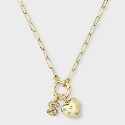 14K Gold Dipped Cubic Zirconia Puffy Heart Charm S Initial Necklace - A New Day™ Gold