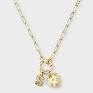 14K Gold Dipped Cubic Zirconia Puffy Heart Charm Initial Necklace - A New Day™ Gold - 1 of 4