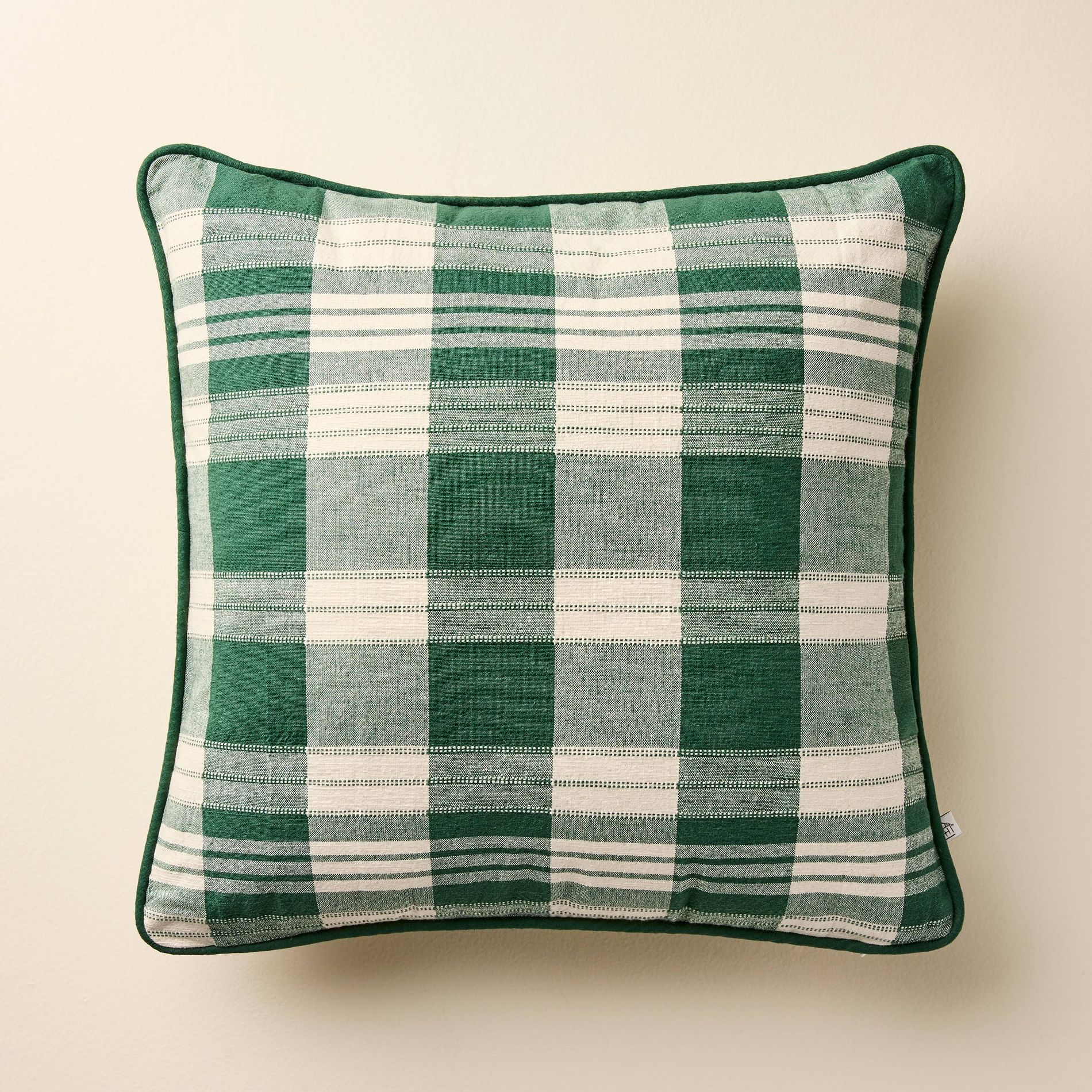 18"x18" Plaid Square Toss Pillow Cream/Green - Hearth & Hand™ with Magnolia