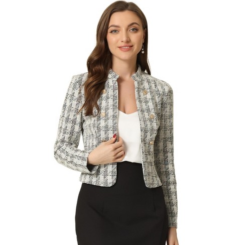 Allegra K Women's Tweed Stand Collar Business Open Front Cropped Jacket ...