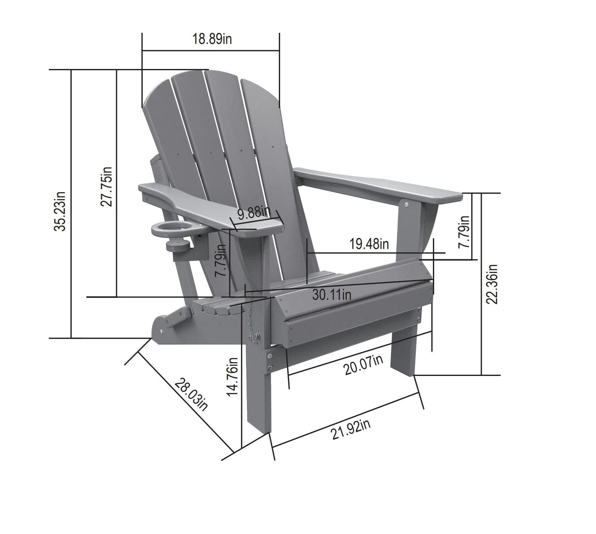 Gulches Gray Folding HDPE Adirondack Chair with Integrated Dual Cup Holder, Wood-Textured Composite, All-Weather 350LBS Capacity