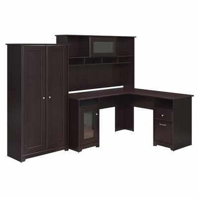 Cabot L Shaped Desk with Hutch and Tall Storage Cabinet with Doors Espresso Oak - Bush Furniture