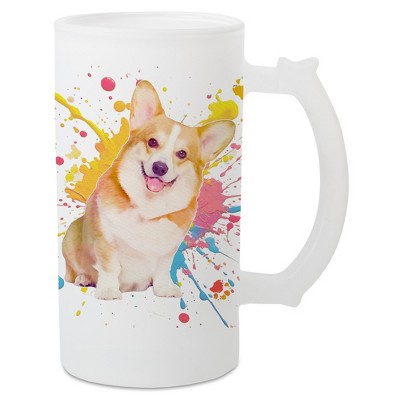 100 North Freezable Beer Stein Mug With Thumb Grip Handle, 16 Ounce Frosted Glass, Corgi Dog Paint Splatter