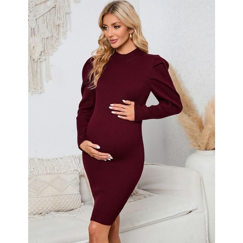 Maternity Ribbed Knit Sweater Puff Long Sleeve Bodycon Dress Mock Neck Fall Casual Midi Dress Baby Shower Photoshoot, 2 of 8