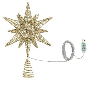 Aoibox 1 Piece 11 Inch Hexagonal Christmas Tree Topper USB Powered Remote Control 8 Light Modes Timer Champagne Gold Holiday Decor - 1 of 4