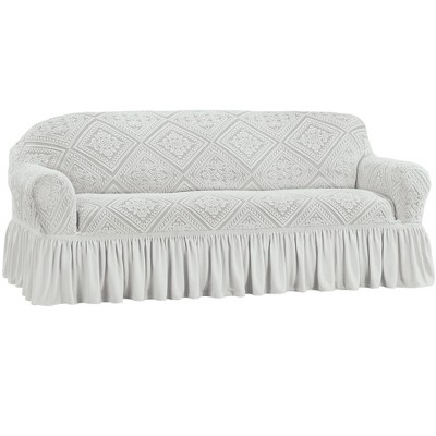 Collections Etc Stylish Trellis Design Ruffled Border Stretch Furniture Cover Sofa Grey