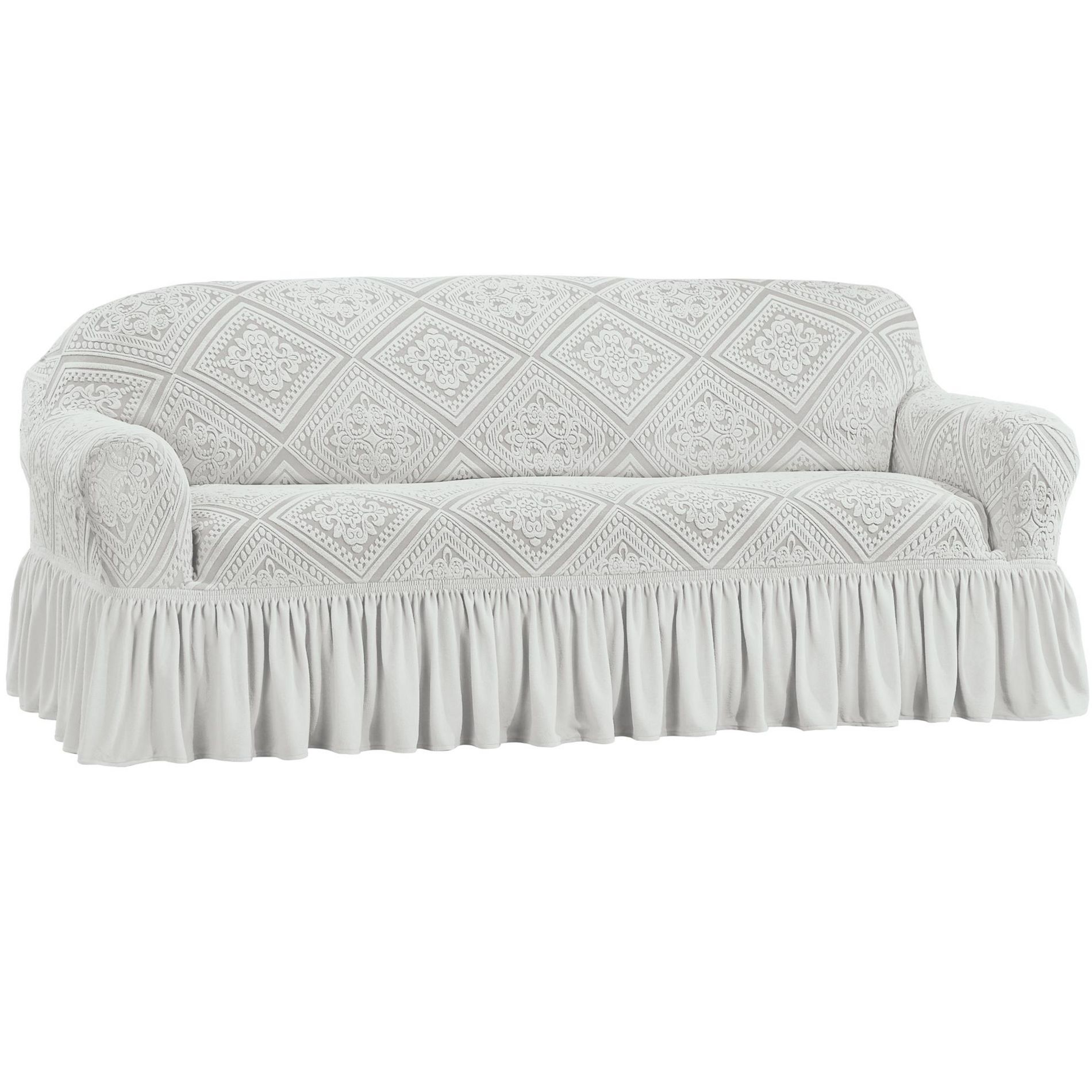 Collections Etc Stylish Trellis Design Ruffled Border Stretch Furniture Cover Sofa Grey