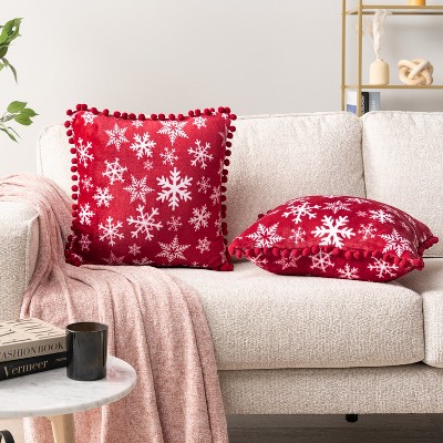Red Snowflake Polyester Throw Pillow Covers with Pom Pom Fringe, 18x18, Set of 2