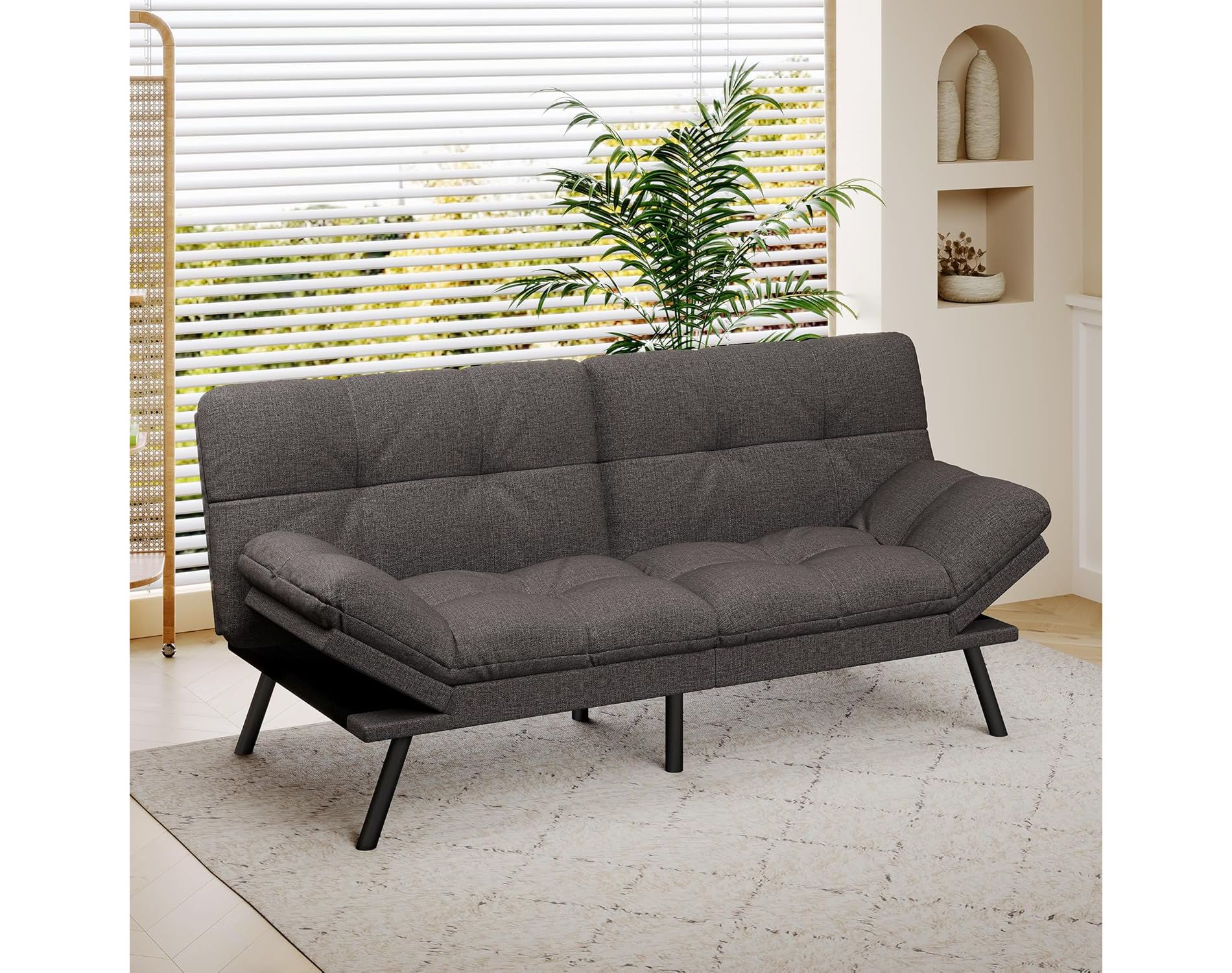 Vipbear Convertible Futon Sofa Bed,Linen Fabric Futon Couch,Detachable Cushion,Adjustable Backrest,Memory Foam Folding Loveseat Sleeper for Office