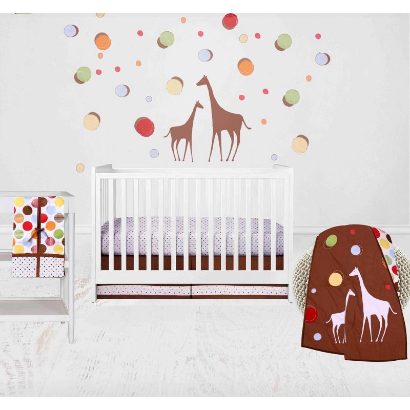 Bacati - Baby & Me Giraffe, Orange/Green/Blue/Red/Brown 4 pc Crib Bedding Set with Diaper Caddy, 1 of 6