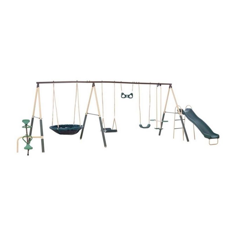 XDP Recreation Deerfield Swing Set,10 Child Capacity Backyard Playground w/ Slide, See-Saw, Trapeze Swing, Fun-Glidr, Swing Seat, & Stand N Swing, 1 of 7