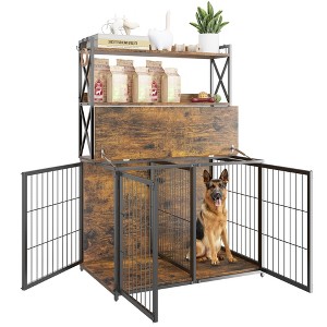 Whizmax Dog Crate Furniture,Wooden Dog Crate End Table with Flip Top and Movable Divider,42.5 Inch Dog Cage with Storage Shelves,Large Dog Kennel Indoor Furniture with 3 Doors,42.5"L*27.1"W*63.7"H, - 1 of 4