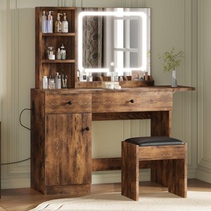 Vanity Desk with LED Lighted Mirror & Power Outlet, Makeup Vanity with Drawers & Cabinet & Chair, Vanity Table Set for Bedroom - 1 of 4