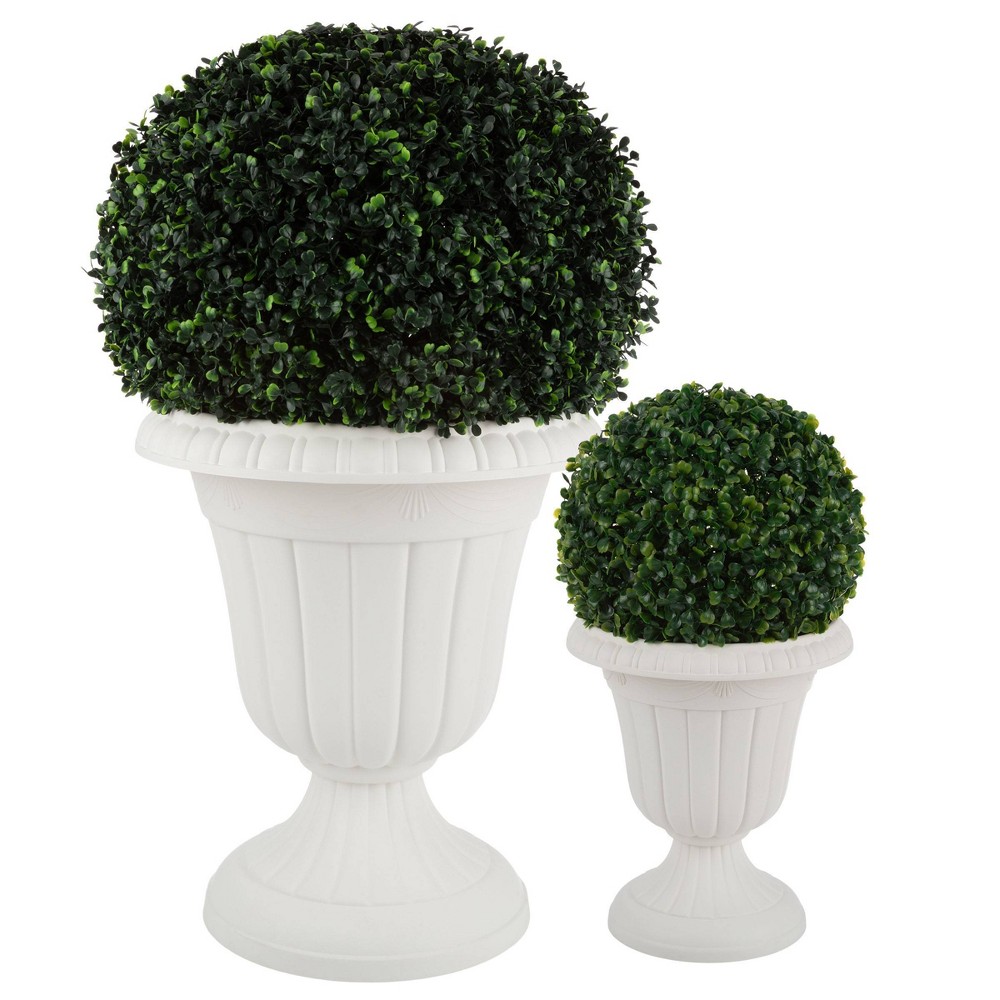 Pure Garden 2pc Outdoor Urn Planters White 10"x12" & 16"x18": Lightweight Polypropylene, Traditional Style, Ground Freestanding