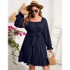YesFashion Women's Casual Plus Size Square Neck Dress Short Sleeve Dress High Waist Ruffle Summer Midi Dress with Belt - 3 of 4