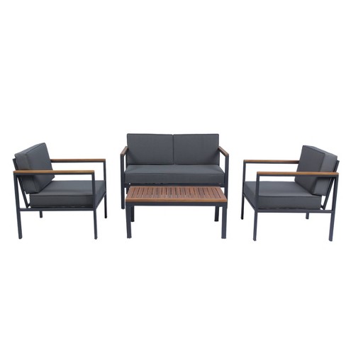 Nestfair 4pc Metal Frame Outdoor Patio Conversation Set with Acacia Wood Top Dark Gray - image 1 of 4