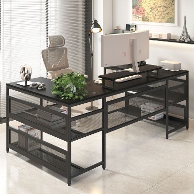 U-shaped Desk with Shelve and LED lights, Sit Stand Home Office Desk, Reversible L Shaped Home Office Desk with File Drawer-The Pop Home