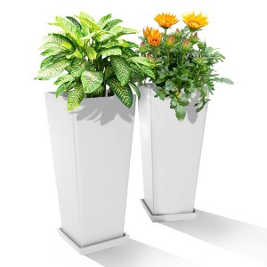 TUYOHW Set of 2 Tall Planters for Plants, 24" Tapered Tall Planters with Tray for Porch, Patio, Backyard, Large Planters for Outdoor Indoor Plants - 1 of 4