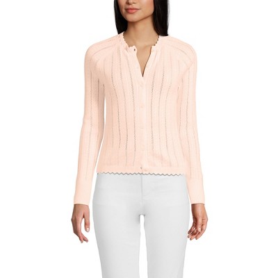Lands' End Women's Cotton Pointelle Satin Trim Cardigan Sweater