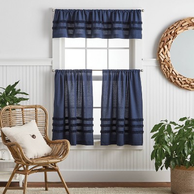 3pc Water's Edge Tufted Window Valance and Tiers Set Navy - Martha Stewart