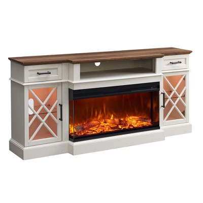 OKD 70'' Farmhouse TV Stand w/Electric Fireplace & Glass Door Storage Cabinet