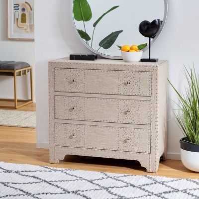Transitional Gray 32" Fir Wood 3-Drawer Chest with Silver Nailheads
