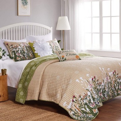 King Size Beige and Green Cotton Polyester Pillow Sham