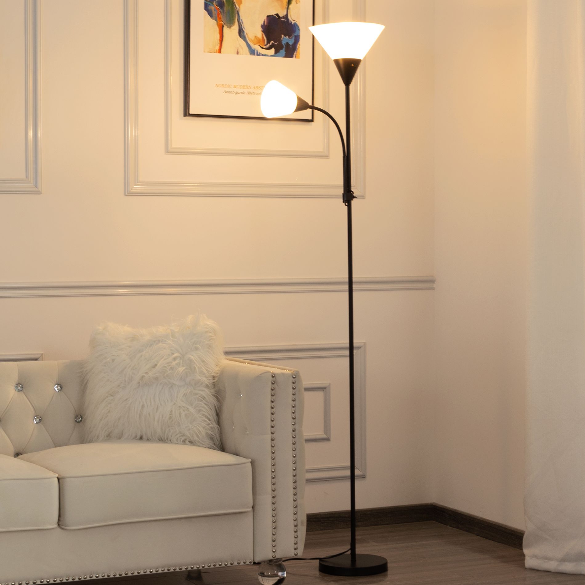 Gulches Floor Lamps, 71.3", 2 - Light Setup, Rose - White Arched Shades, Black Body, for Bedroom/Living Room