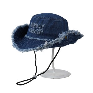 Anna-Kaci Denim Bucket Hat with Frayed Brim Embroidered Lettering