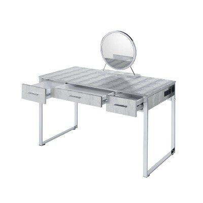 50" Antique White and Chrome Vanity Set with Faux Fur Bench