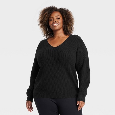 Women's Cozy Knit V-Neck Pullover Sweater - Ava & Viv™ Black 2X