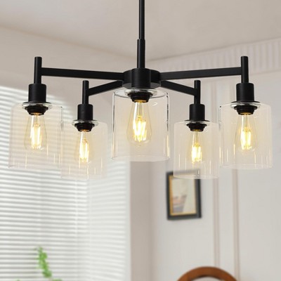 Matte Black 3-Light Farmhouse Chandelier with Clear Cylinder Glass Shades Adjustable Height for Dining Room Kitchen Island Living Room