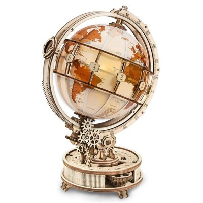 ROBOTIME World Luminous Globe 3D Wooden Puzzle Model-Self Assembled Tellurion Building Toys, Off-White, 8"*6.6"*11.5"