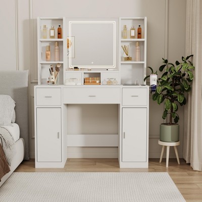 INFURNIC Vanity Tables Smart Mirror Dressing Table with Drawers and Storage for Bedrooms, White, 43.31"*15.75"*55.91"