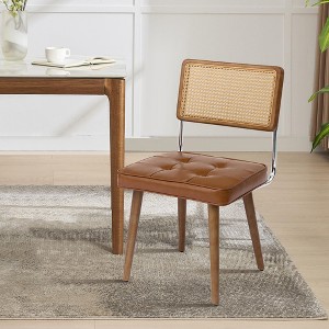 Set of 1 Mid Century Modern Dining Chair with Handwoven Rattan Cane Back, Velvet Green Upholstered Seat, Rubberwood Legs, Brown - 1 of 4