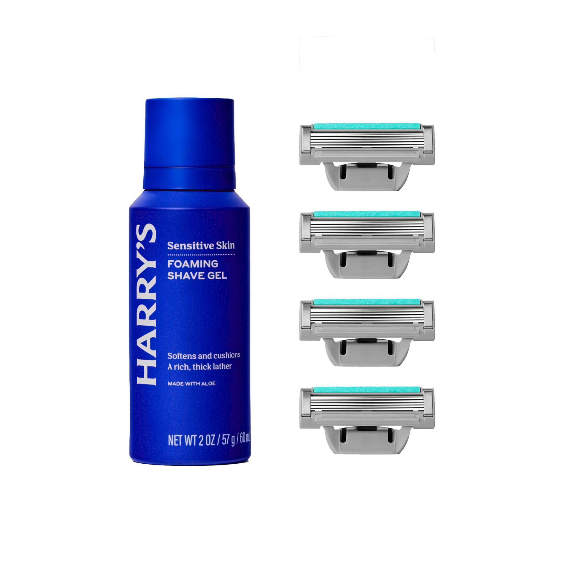 Harry's Plus Men's 4 Count 5-Blade Razor Blade Refill Cartridges + 2oz Aloe Foaming Shave Gel