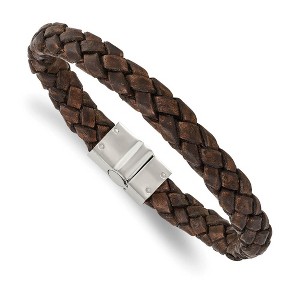 Black Bow Jewelry 10mm Stainless Steel Distressed Brown Leather Woven Bracelet, 8.75 In - 1 of 4