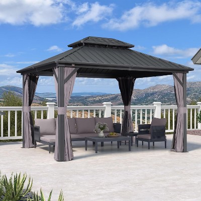 PURPLE LEAF Permanent Hardtop Gazebo Aluminum Frame Gazebo with Galvanized Steel Double Roof, UV-Resistant, Netting & Curtains included - Grey