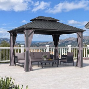 PURPLE LEAF Permanent Hardtop Gazebo Aluminum Frame Gazebo with Galvanized Steel Double Roof, UV-Resistant, Netting & Curtains included - Grey - 1 of 4