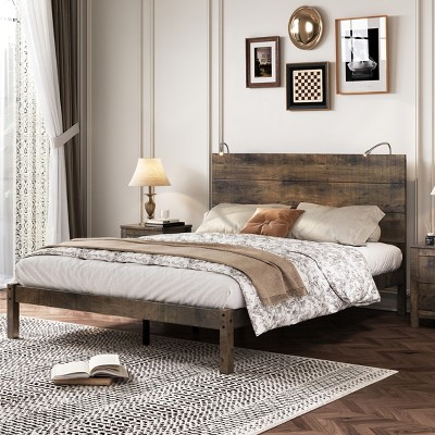 KTMBDW Solid Wood Platform Bed with Headboard and 2 Bedside Lights/No Box Spring Needed/Wood Slat Support
