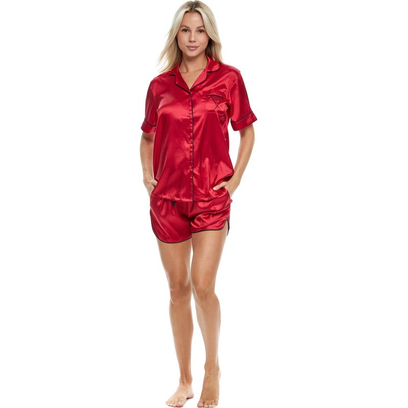 Womens Satin Pajamas Lounge Set, Silk like Short Sleeve Top and Shorts with Pockets, 1 of 7