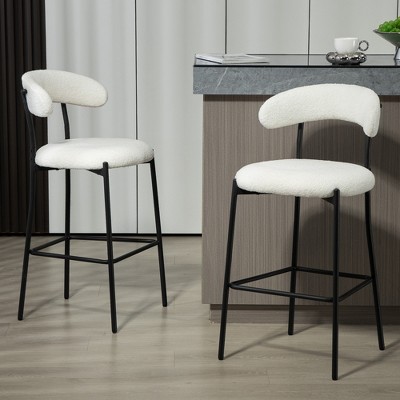 DSVIMOY Counter and Bar Stool Set of 2 Teddy Fabric Covered Stools with Black Powder Coating Basenfor Dining, White, 27.16"*24.41"*9.1"